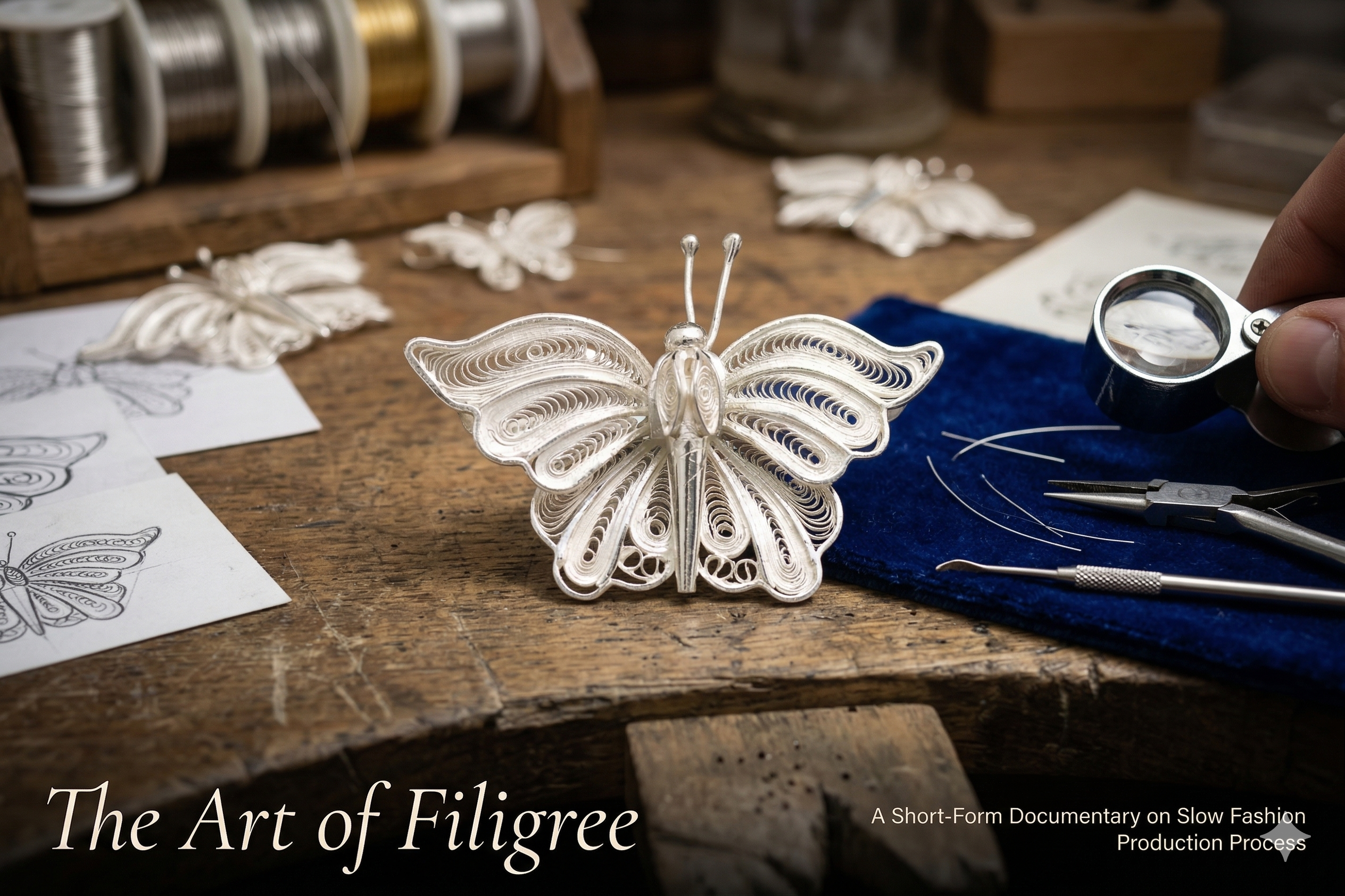 Extreme close-up of hand-twisted silver filigree wires forming the butterfly wing